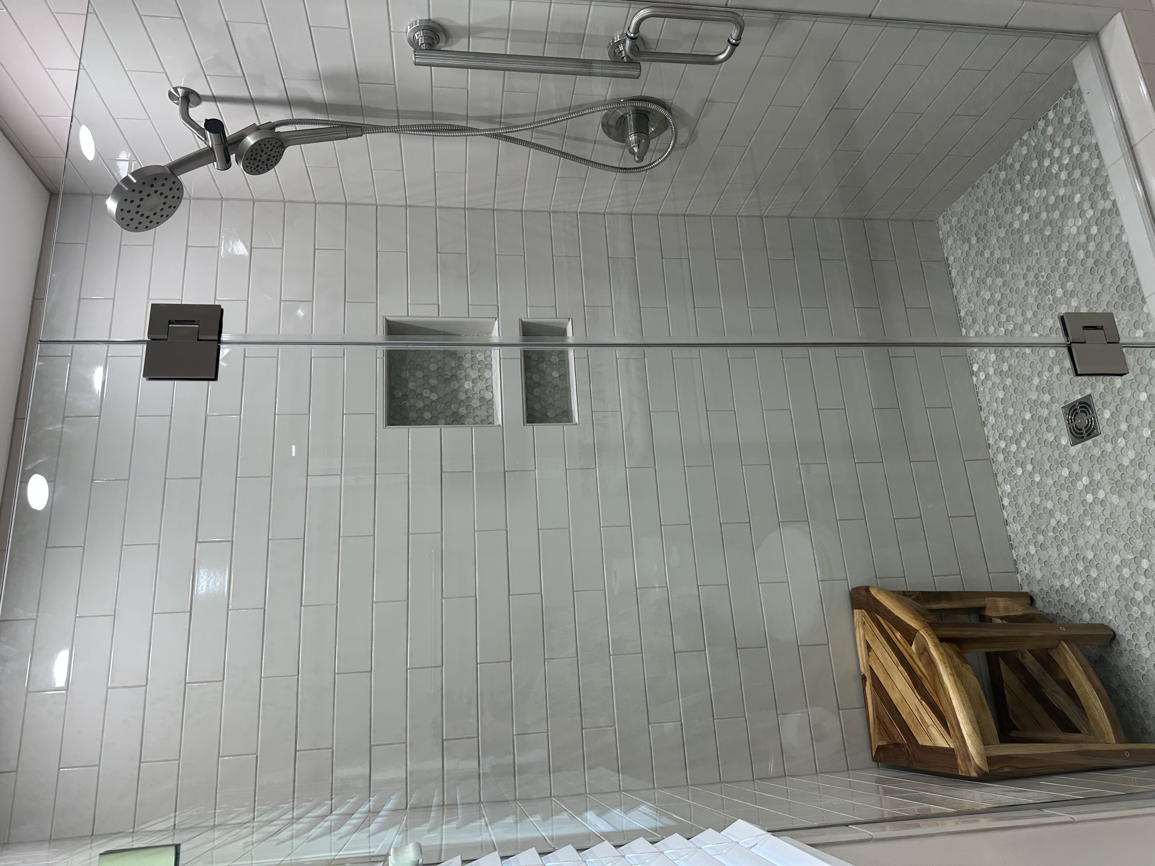 shower set in White 3×12 Subway Tile & Mosaic Sand Penny Round Flooring and Niche
