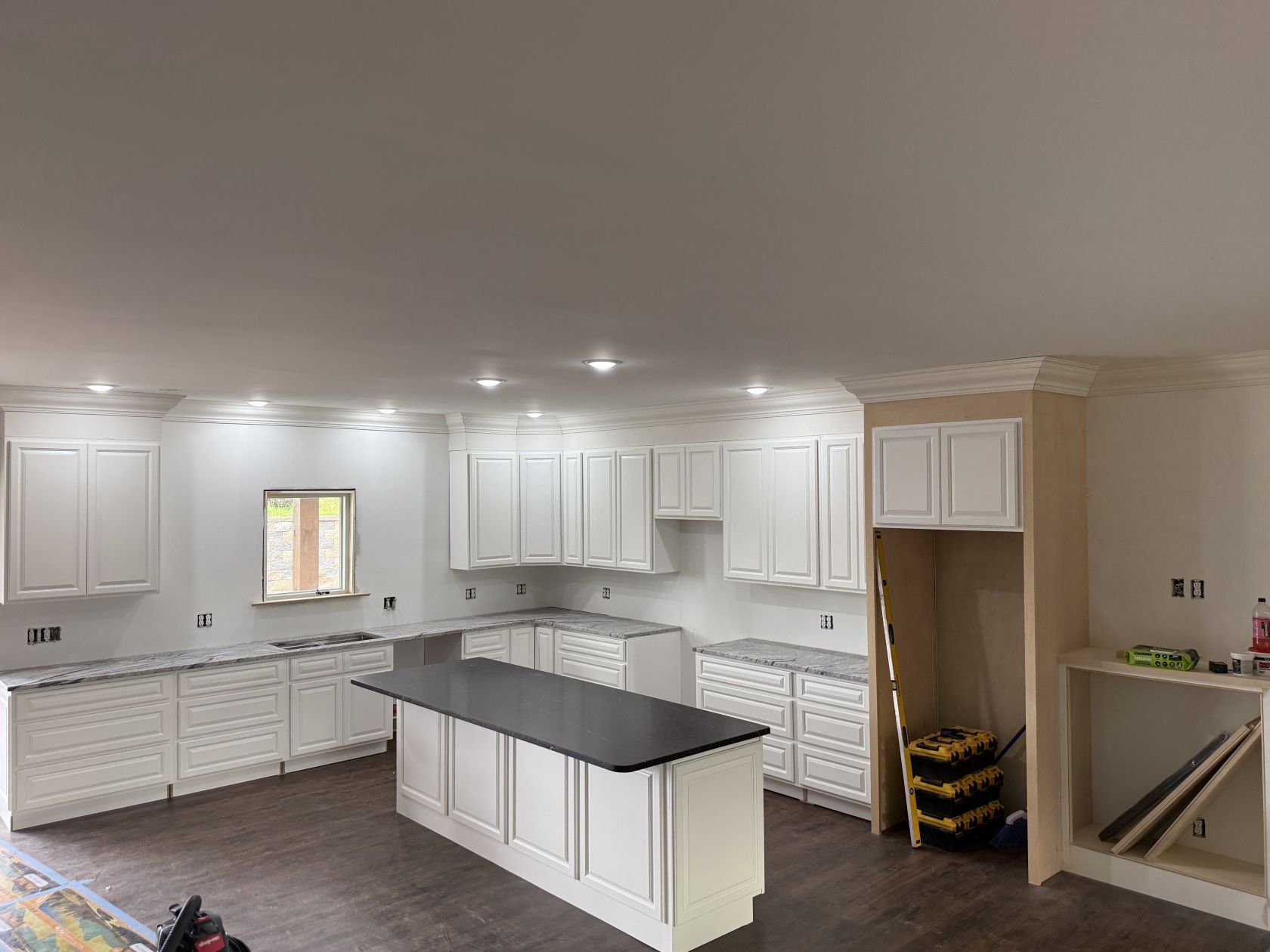 Granite Perimeters & Bathroom Vanity in Viscon White Leather Finish including Lactea Granite Island and Bathroom Countertop
